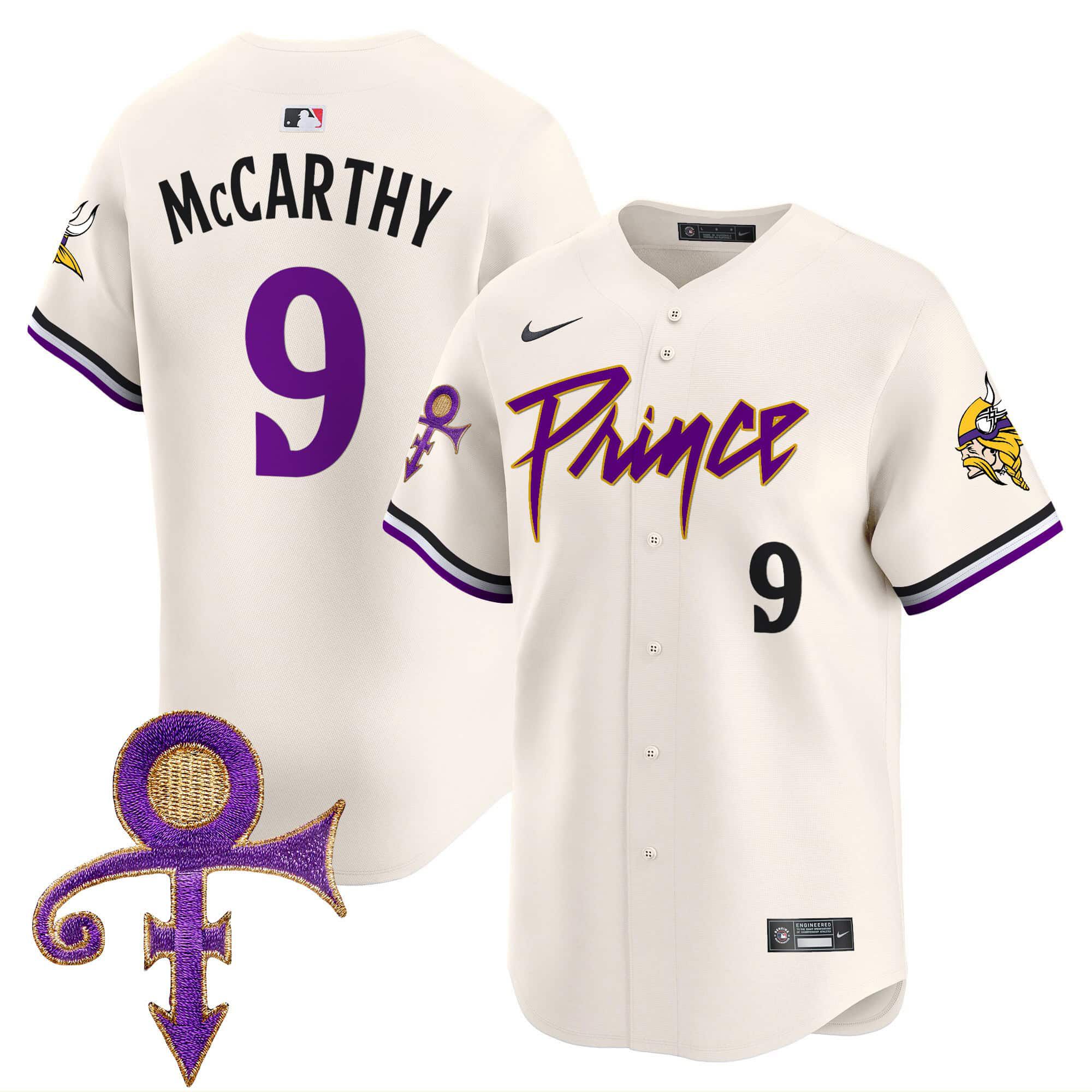 Men Minnesota Vikings 9 Mccarthy Cream 2024 Nike Prince Patch Vapor Premier Limited NFL Jersey